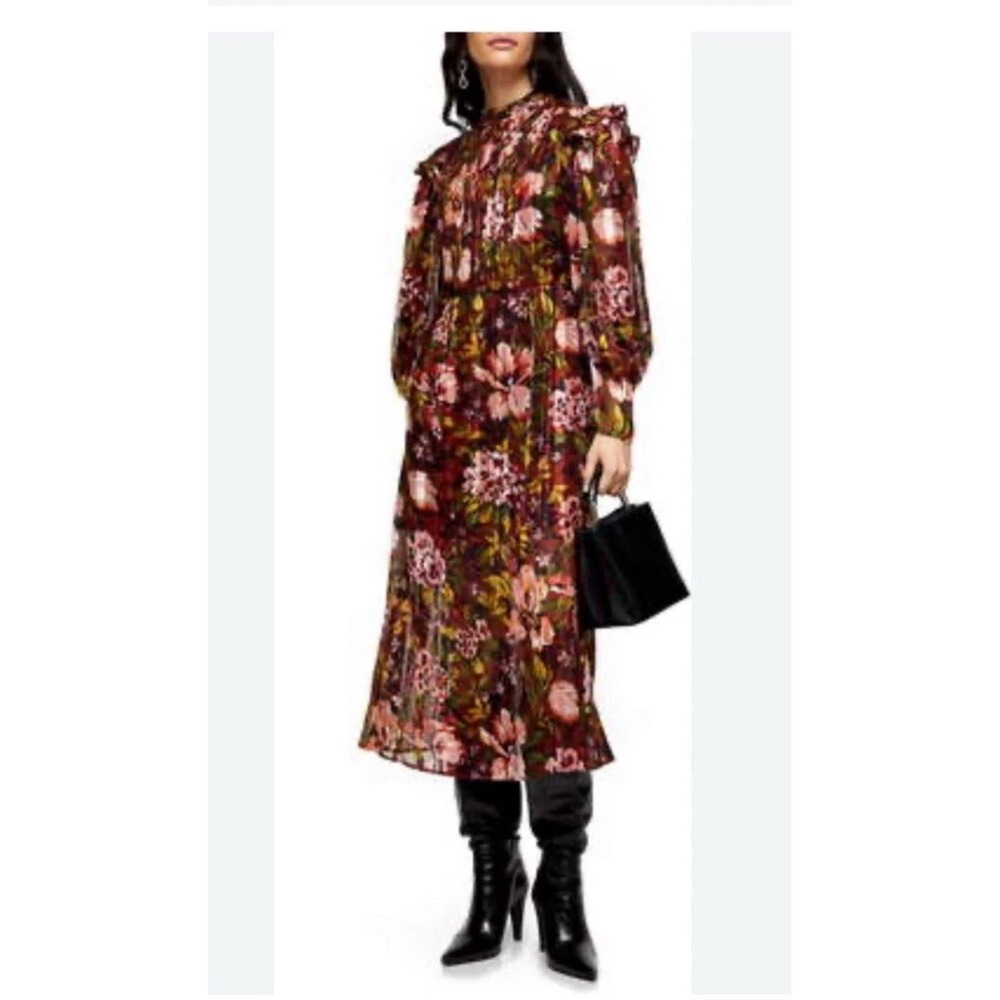 NEW TOPSHOP Fallen Floral Jacquard MIDI‎ DRESS Us 8 M Fall Festival Long Sleeve